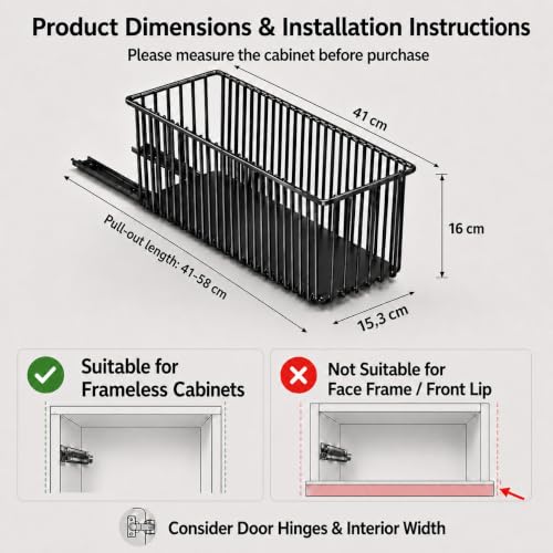 2er Set Ausziehbare Schublade Küche Schmal 15,3cm, Teleskopschublade Ohne Bohren, Nischenregal Schrankauszug, Küchen Schrank Organizer rahmenlos, Schwarz, 41cm Tiefe