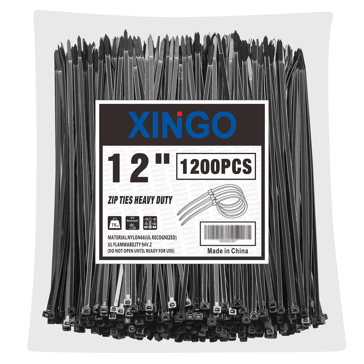XINGO 1200 Stück Kabelbinder Schwarz, 300mm x 5.8mm, 34 kg Zugfestigkeit, UV-beständig, Selbstsichernde Kabelbinder für drinnen und drauße