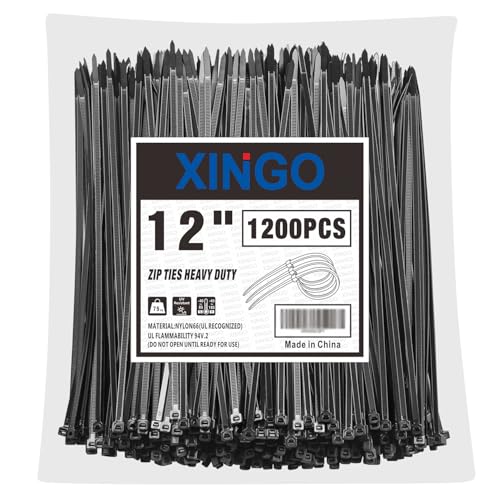 XINGO 1200 Stück Kabelbinder Schwarz, 300mm x 5.8mm, 34 kg Zugfestigkeit, UV-beständig, Selbstsichernde Kabelbinder für drinnen und drauße