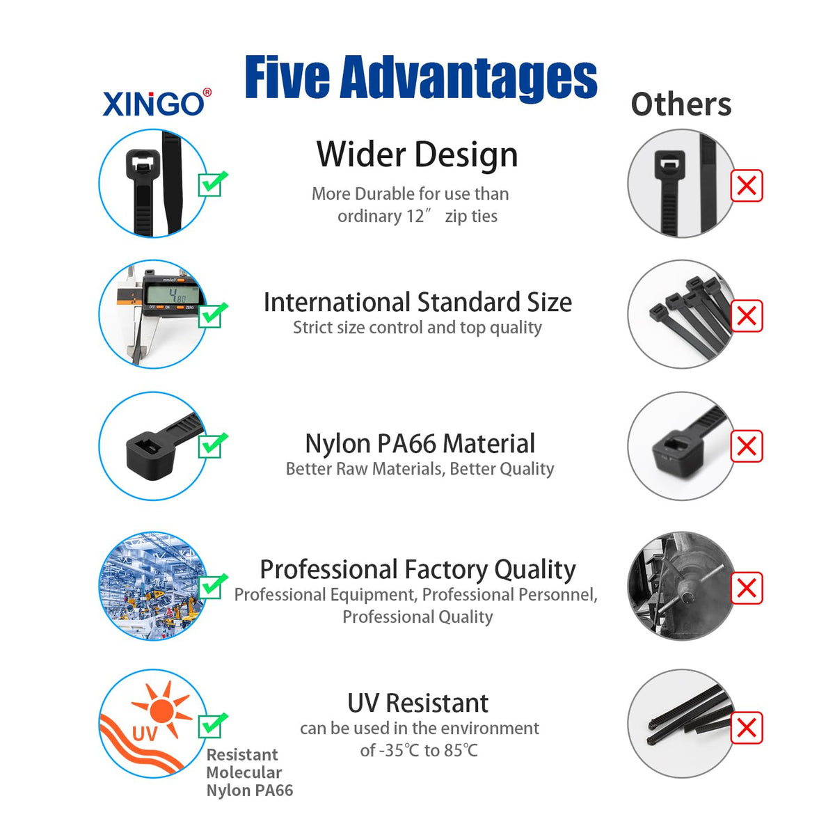 XINGO 1200 Stück Kabelbinder Schwarz, 300mm x 5.8mm, 34 kg Zugfestigkeit, UV-beständig, Selbstsichernde Kabelbinder für drinnen und drauße