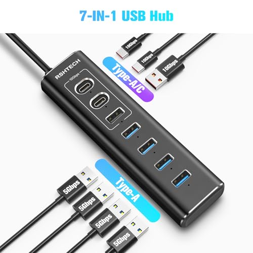 RSHTECH 7 Port USB C 3.0/3.2 Hub mit Netzteil & Anschluss-Steuerschalter