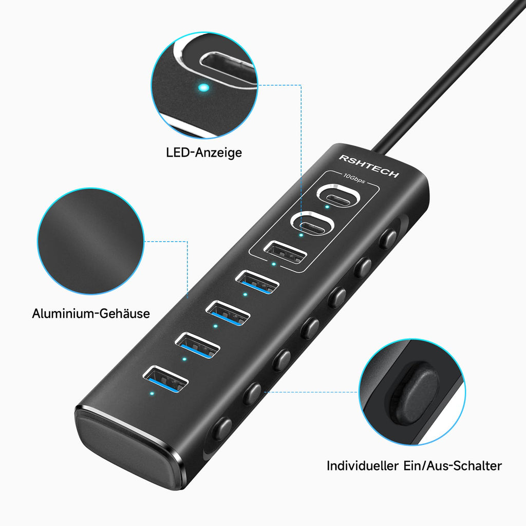 RSHTECH 7 Port USB C 3.0/3.2 Hub mit Netzteil & Anschluss-Steuerschalter