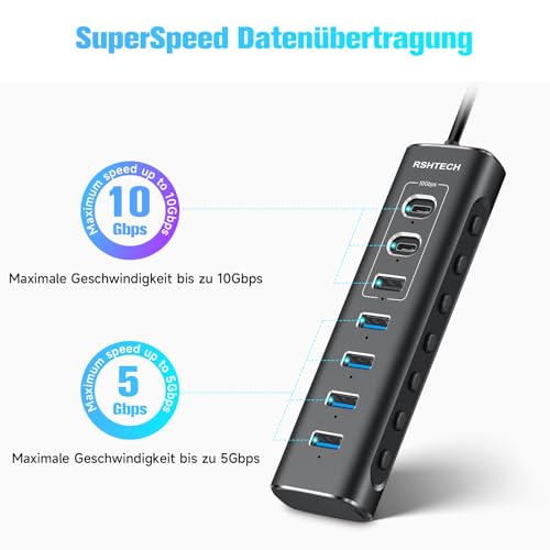RSHTECH 7 Port USB C 3.0/3.2 Hub mit Netzteil & Anschluss-Steuerschalter