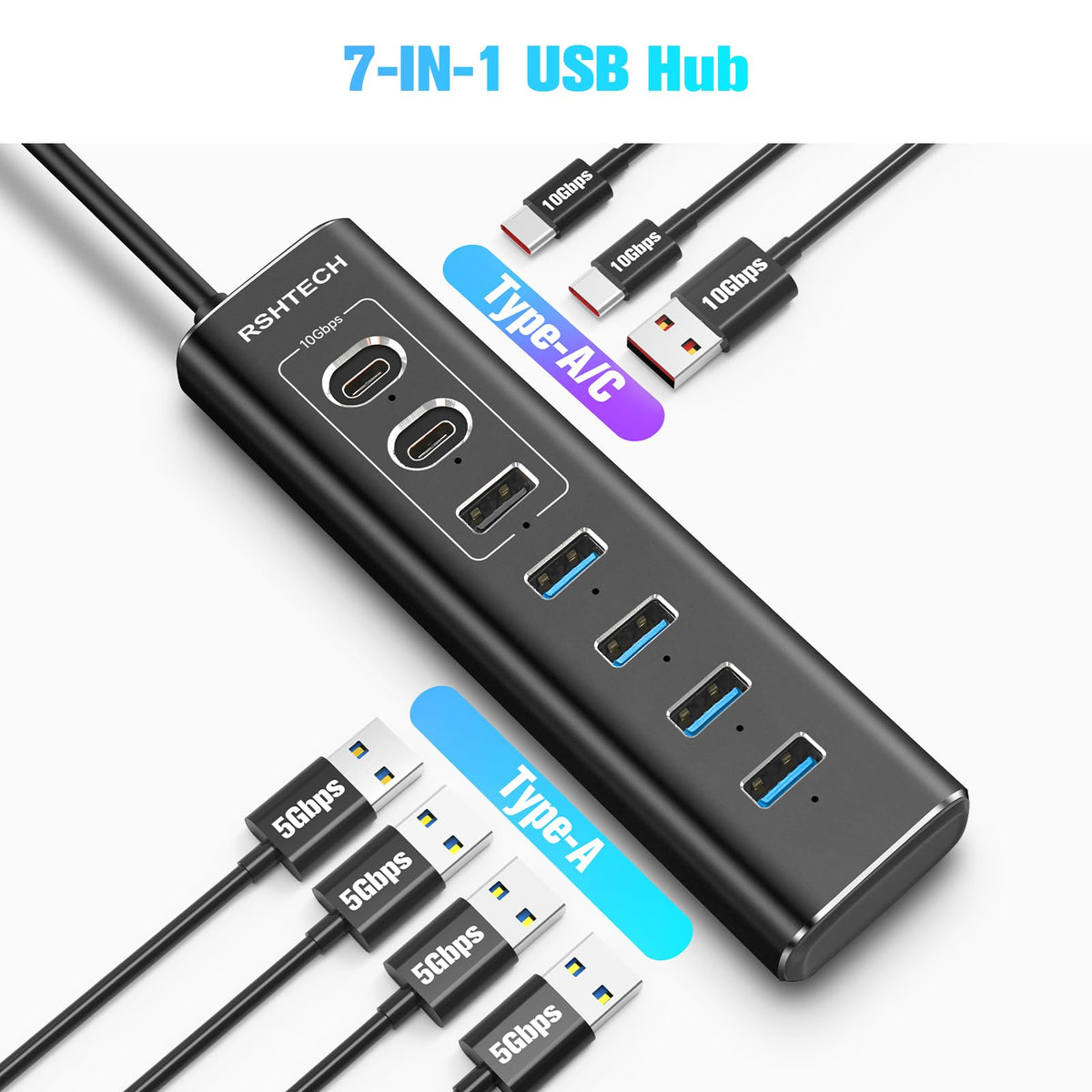 RSHTECH 7 Port USB C 3.0/3.2 Hub mit Netzteil & Anschluss-Steuerschalter