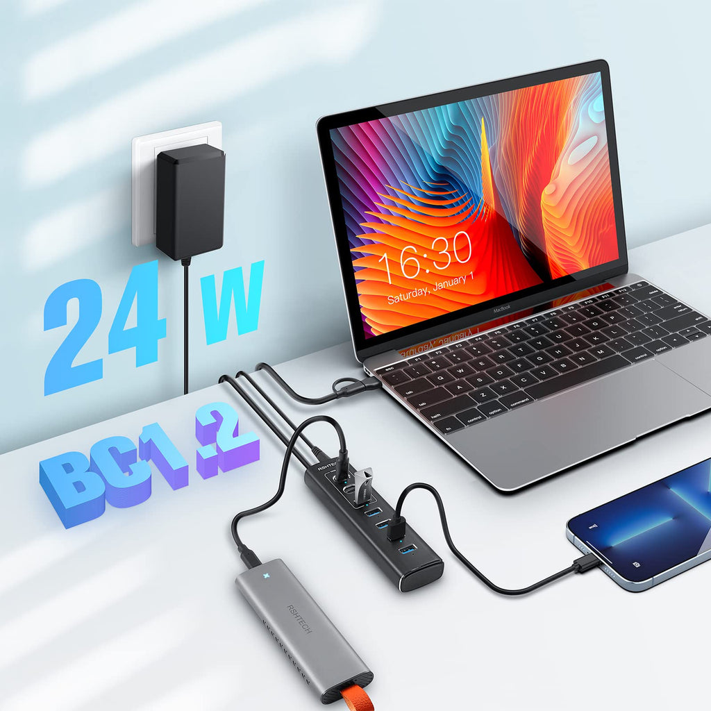 RSHTECH 7 Port USB C 3.0/3.2 Hub mit Netzteil & Anschluss-Steuerschalter