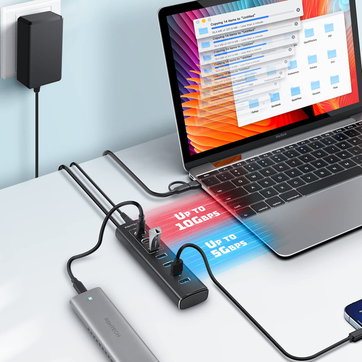 RSHTECH 7 Port USB C 3.0/3.2 Hub mit Netzteil & Anschluss-Steuerschalter