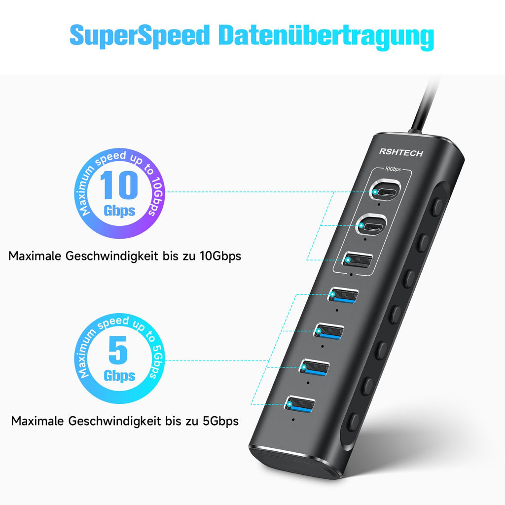 RSHTECH 7 Port USB C 3.0/3.2 Hub mit Netzteil & Anschluss-Steuerschalter