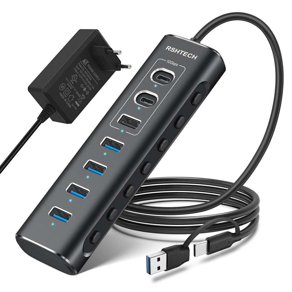 RSHTECH 7 Port USB C 3.0/3.2 Hub mit Netzteil & Anschluss-Steuerschalter