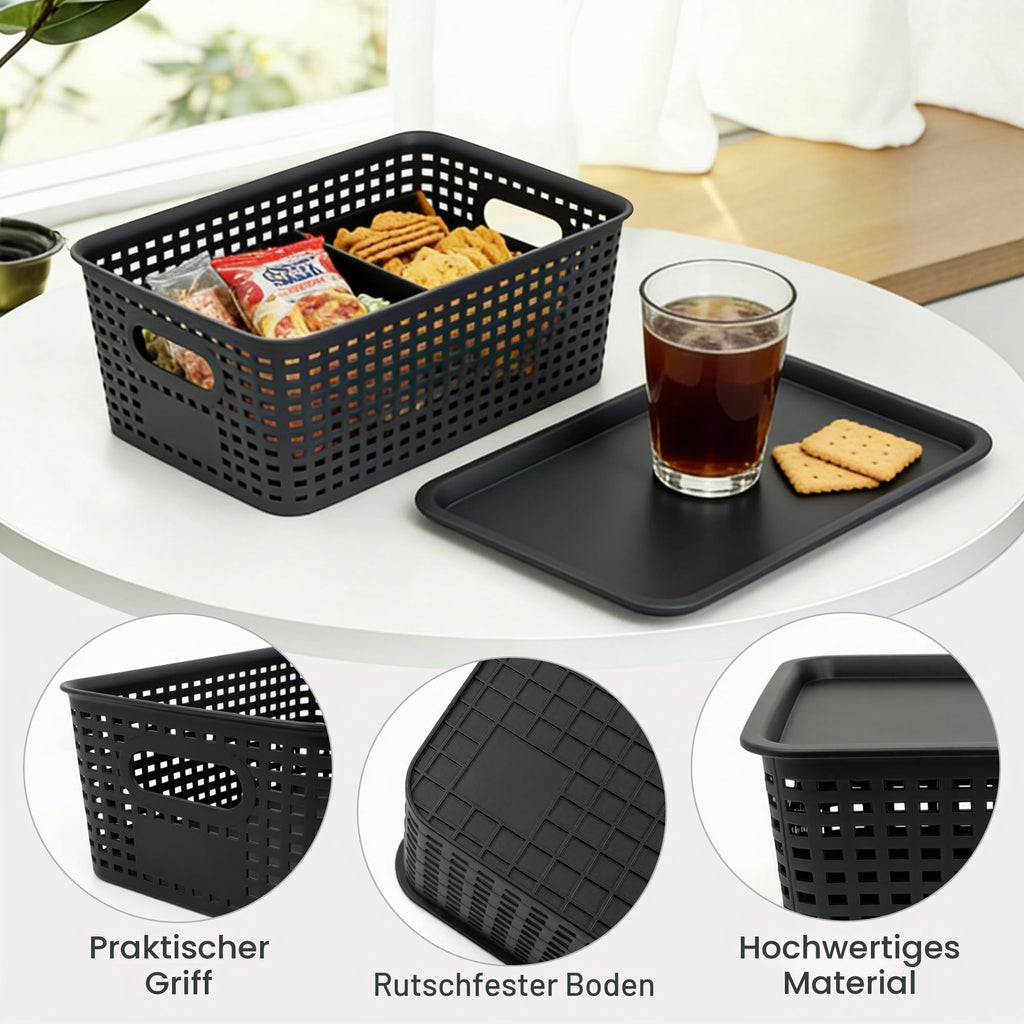 LYLIDIA 6er Set Aufbewahrungsbox mit Deckel Klein Korb Schwarz, Kiste Aufbewahrungskorb in Rattan Design, Stapelbar Box aus PP Kunststoff, Organizer Körbchen Stapelboxen, 26x18x10 cm (Schwarz Deckel)