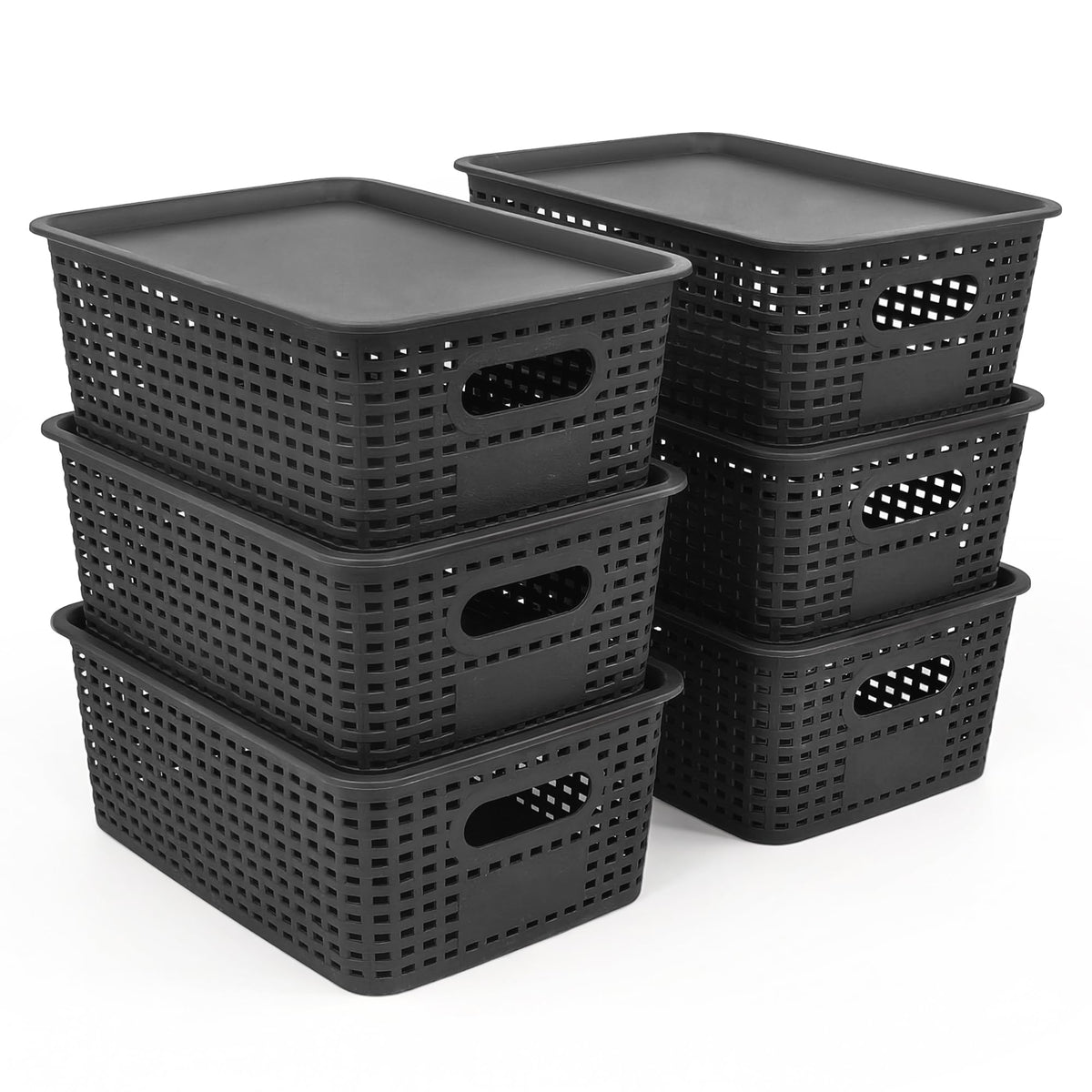 LYLIDIA 6er Set Aufbewahrungsbox mit Deckel Klein Korb Schwarz, Kiste Aufbewahrungskorb in Rattan Design, Stapelbar Box aus PP Kunststoff, Organizer Körbchen Stapelboxen, 26x18x10 cm (Schwarz Deckel)