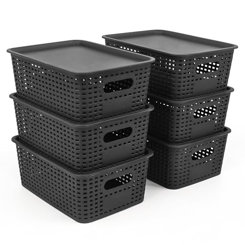 LYLIDIA 6er Set Aufbewahrungsbox mit Deckel Klein Korb Schwarz, Kiste Aufbewahrungskorb in Rattan Design, Stapelbar Box aus PP Kunststoff, Organizer Körbchen Stapelboxen, 26x18x10 cm (Schwarz Deckel)