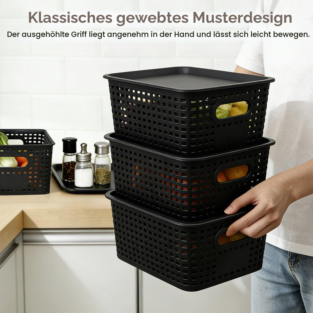 LYLIDIA 6er Set Aufbewahrungsbox mit Deckel Klein Korb Schwarz, Kiste Aufbewahrungskorb in Rattan Design, Stapelbar Box aus PP Kunststoff, Organizer Körbchen Stapelboxen, 26x18x10 cm (Schwarz Deckel)