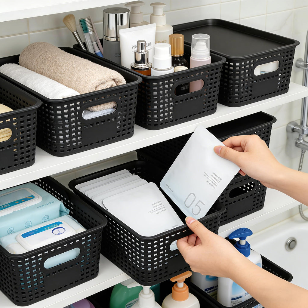 LYLIDIA 6er Set Aufbewahrungsbox mit Deckel Klein Korb Schwarz, Kiste Aufbewahrungskorb in Rattan Design, Stapelbar Box aus PP Kunststoff, Organizer Körbchen Stapelboxen, 26x18x10 cm (Schwarz Deckel)