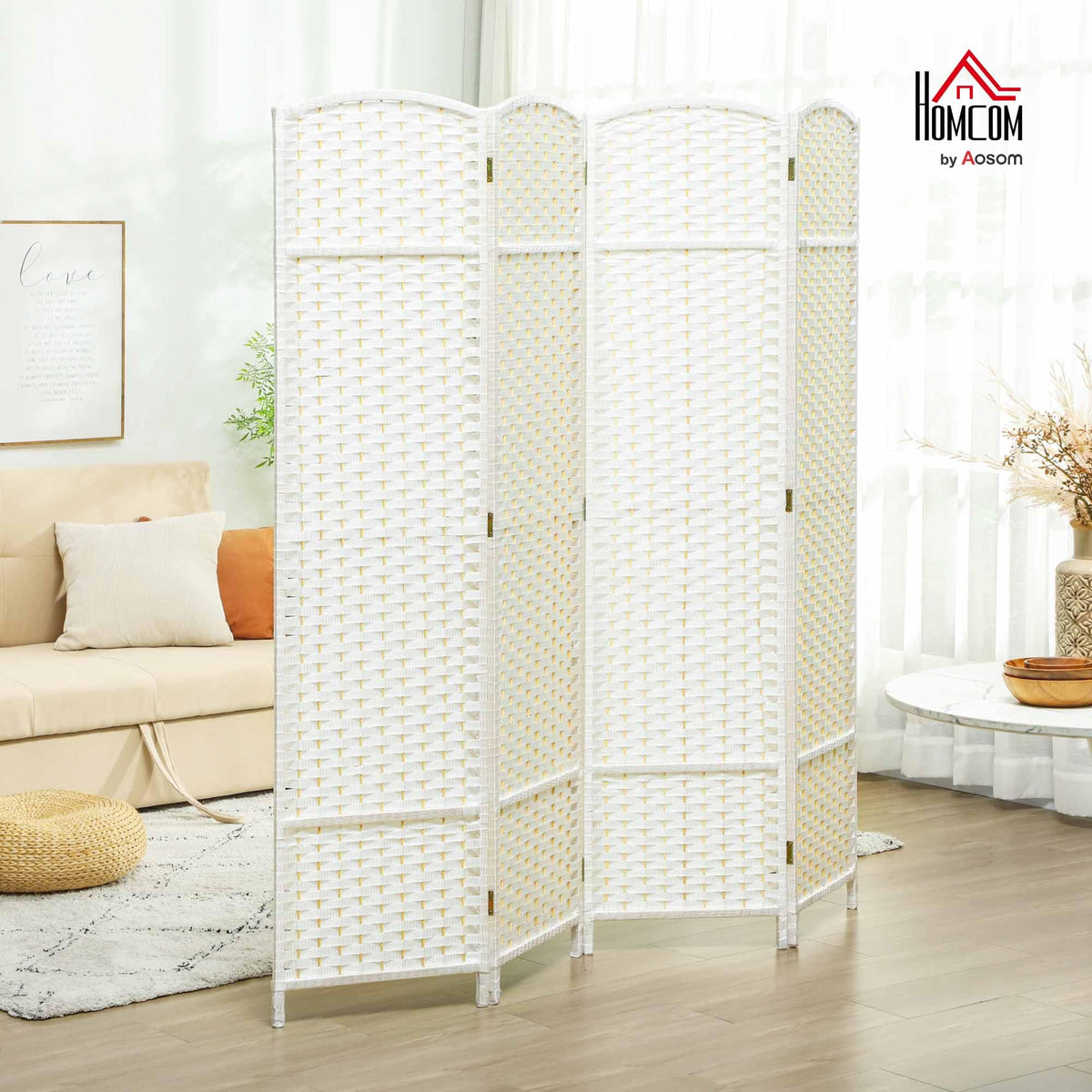 HOMCOM Paravent 4-teilig Raumteiler Faltbar Sichtschutz 160x170 cm Weiß