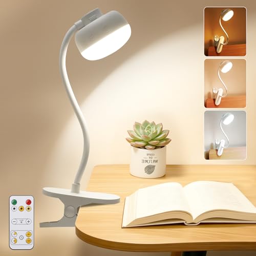 Leselampe Bett, 5000mAh Klemmlampe mit USB-C, 3 Farben Stufenlos Dimmbar, 36 LED Akku Lampe, 30cm Flexibler Schwanenhals, Schreibtischlampe für Kinderzimmer Schreibtisch Wohnmobil (Weiß)