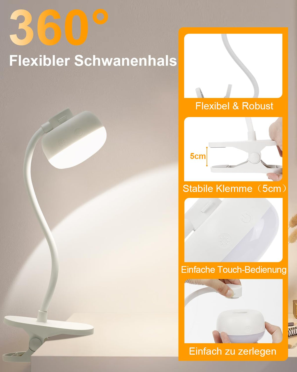 Leselampe Bett, 5000mAh Klemmlampe mit USB-C, 3 Farben Stufenlos Dimmbar, 36 LED Akku Lampe, 30cm Flexibler Schwanenhals, Schreibtischlampe für Kinderzimmer Schreibtisch Wohnmobil (Weiß)