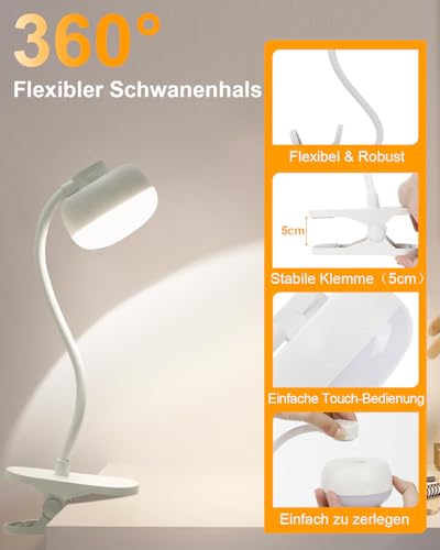 Leselampe Bett, 5000mAh Klemmlampe mit USB-C, 3 Farben Stufenlos Dimmbar, 36 LED Akku Lampe, 30cm Flexibler Schwanenhals, Schreibtischlampe für Kinderzimmer Schreibtisch Wohnmobil (Weiß)