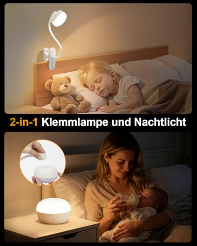 Leselampe Bett, 5000mAh Klemmlampe mit USB-C, 3 Farben Stufenlos Dimmbar, 36 LED Akku Lampe, 30cm Flexibler Schwanenhals, Schreibtischlampe für Kinderzimmer Schreibtisch Wohnmobil (Weiß)