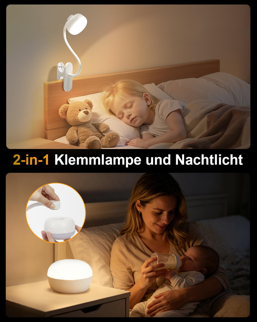 Leselampe Bett, 5000mAh Klemmlampe mit USB-C, 3 Farben Stufenlos Dimmbar, 36 LED Akku Lampe, 30cm Flexibler Schwanenhals, Schreibtischlampe für Kinderzimmer Schreibtisch Wohnmobil (Weiß)
