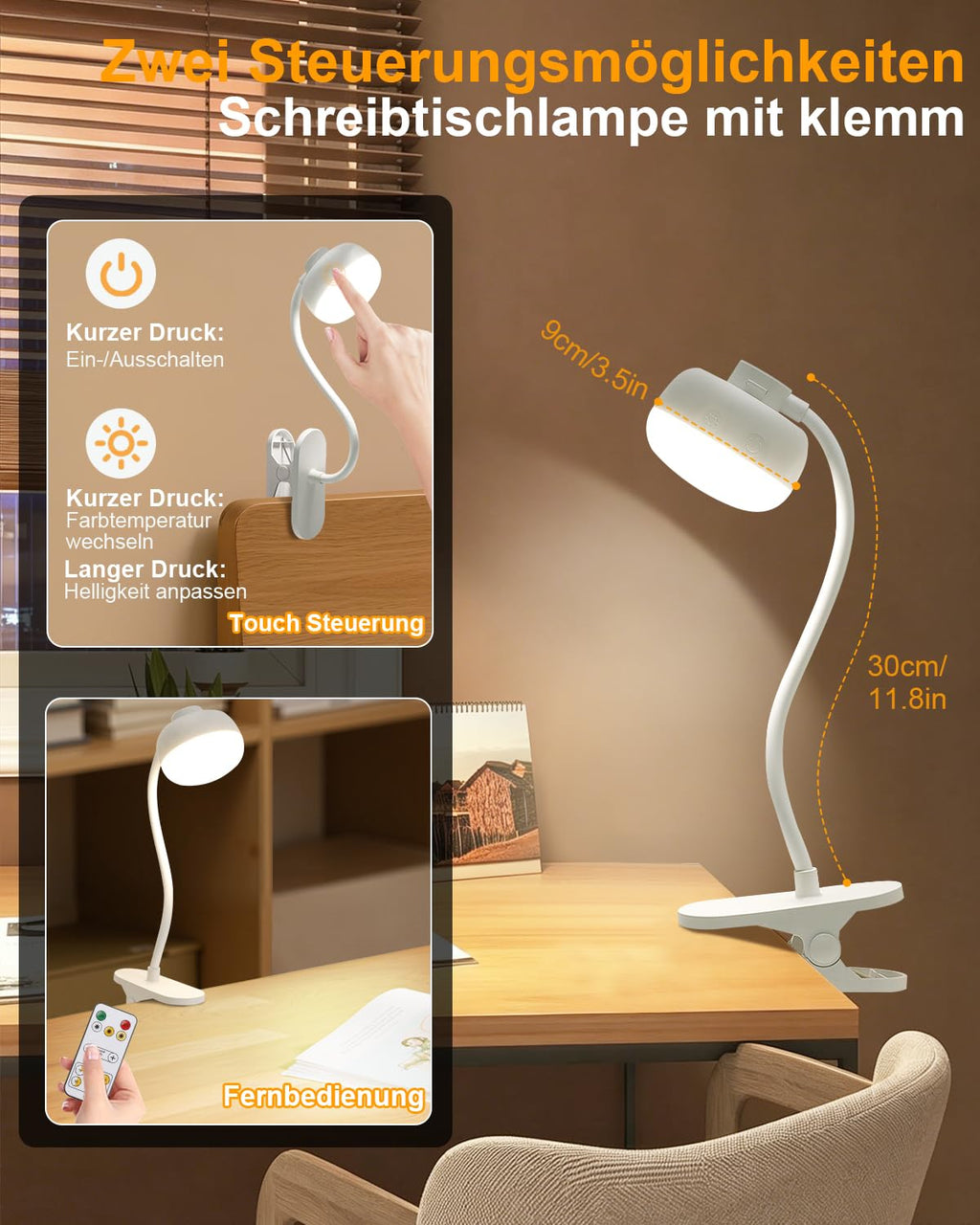 Leselampe Bett, 5000mAh Klemmlampe mit USB-C, 3 Farben Stufenlos Dimmbar, 36 LED Akku Lampe, 30cm Flexibler Schwanenhals, Schreibtischlampe für Kinderzimmer Schreibtisch Wohnmobil (Weiß)