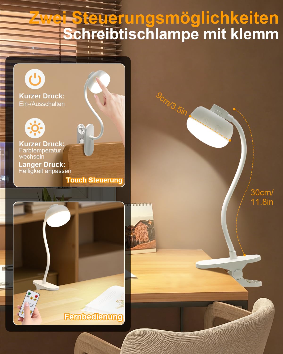 Leselampe Bett, 5000mAh Klemmlampe mit USB-C, 3 Farben Stufenlos Dimmbar, 36 LED Akku Lampe, 30cm Flexibler Schwanenhals, Schreibtischlampe für Kinderzimmer Schreibtisch Wohnmobil (Weiß)