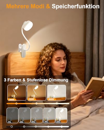 Leselampe Bett, 5000mAh Klemmlampe mit USB-C, 3 Farben Stufenlos Dimmbar, 36 LED Akku Lampe, 30cm Flexibler Schwanenhals, Schreibtischlampe für Kinderzimmer Schreibtisch Wohnmobil (Weiß)