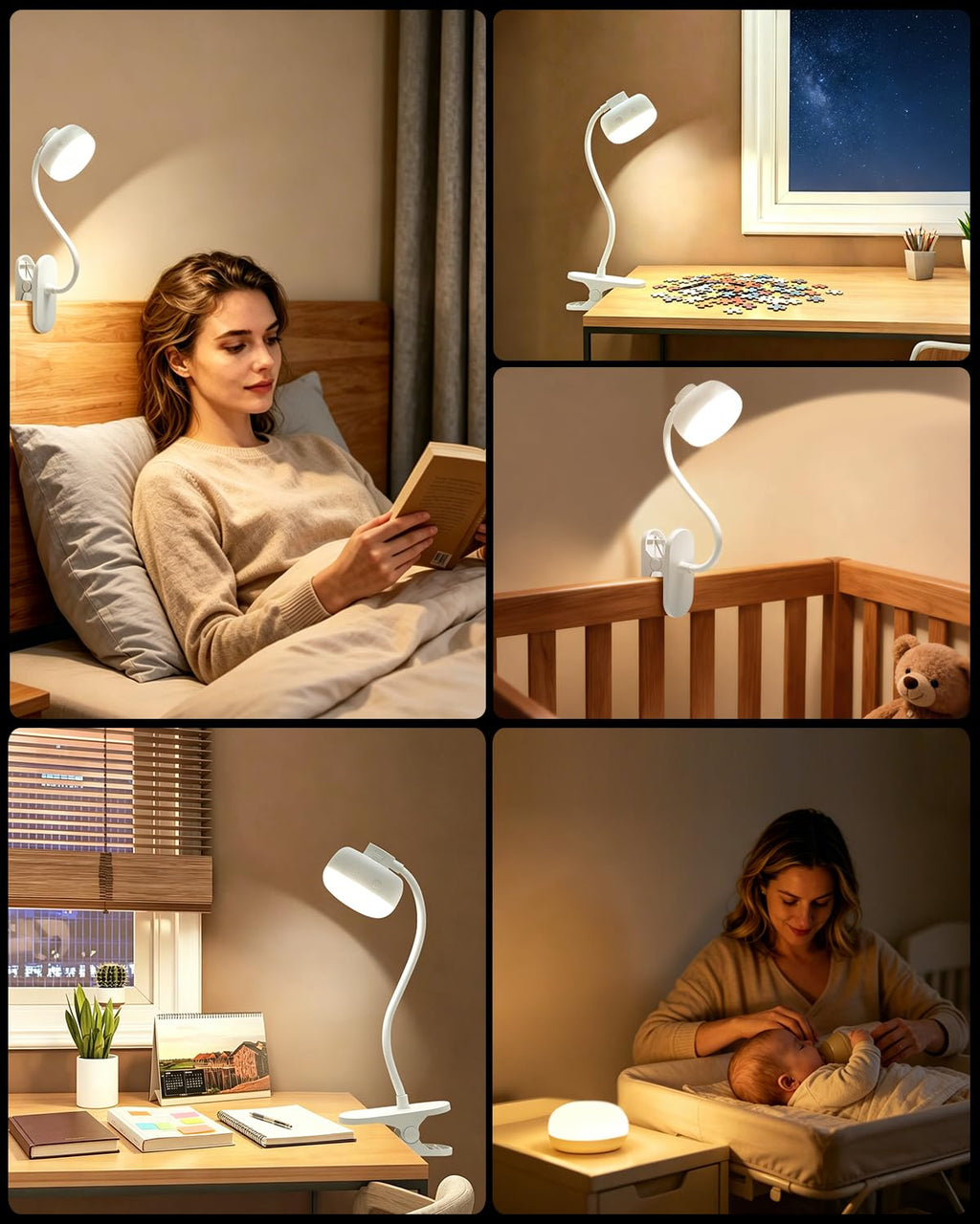 Leselampe Bett, 5000mAh Klemmlampe mit USB-C, 3 Farben Stufenlos Dimmbar, 36 LED Akku Lampe, 30cm Flexibler Schwanenhals, Schreibtischlampe für Kinderzimmer Schreibtisch Wohnmobil (Weiß)