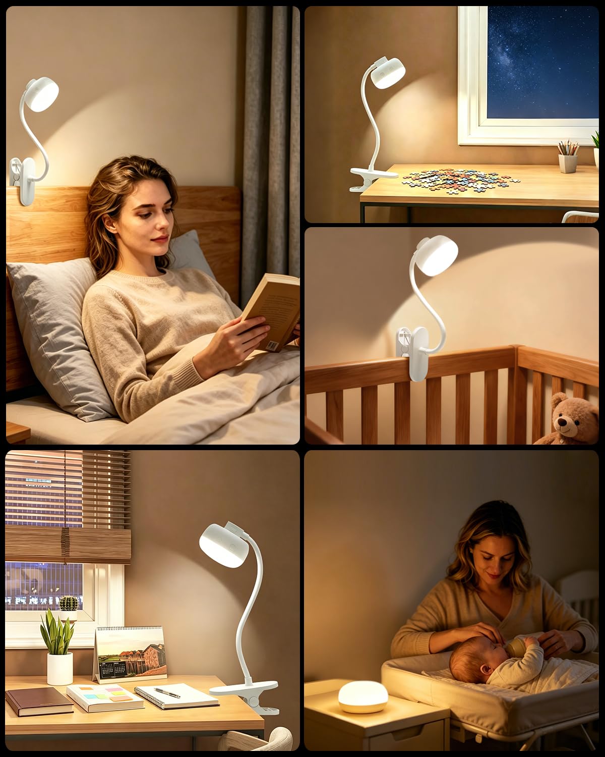 Leselampe Bett, 5000mAh Klemmlampe mit USB-C, 3 Farben Stufenlos Dimmbar, 36 LED Akku Lampe, 30cm Flexibler Schwanenhals, Schreibtischlampe für Kinderzimmer Schreibtisch Wohnmobil (Weiß)