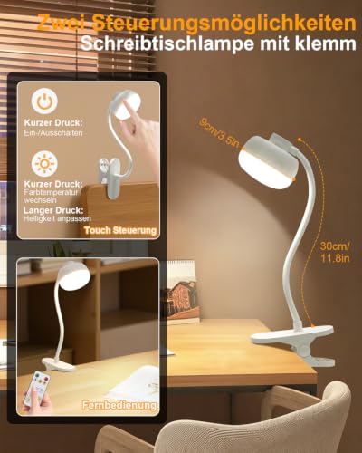 Leselampe Bett, 5000mAh Klemmlampe mit USB-C, 3 Farben Stufenlos Dimmbar, 36 LED Akku Lampe, 30cm Flexibler Schwanenhals, Schreibtischlampe für Kinderzimmer Schreibtisch Wohnmobil (Weiß)