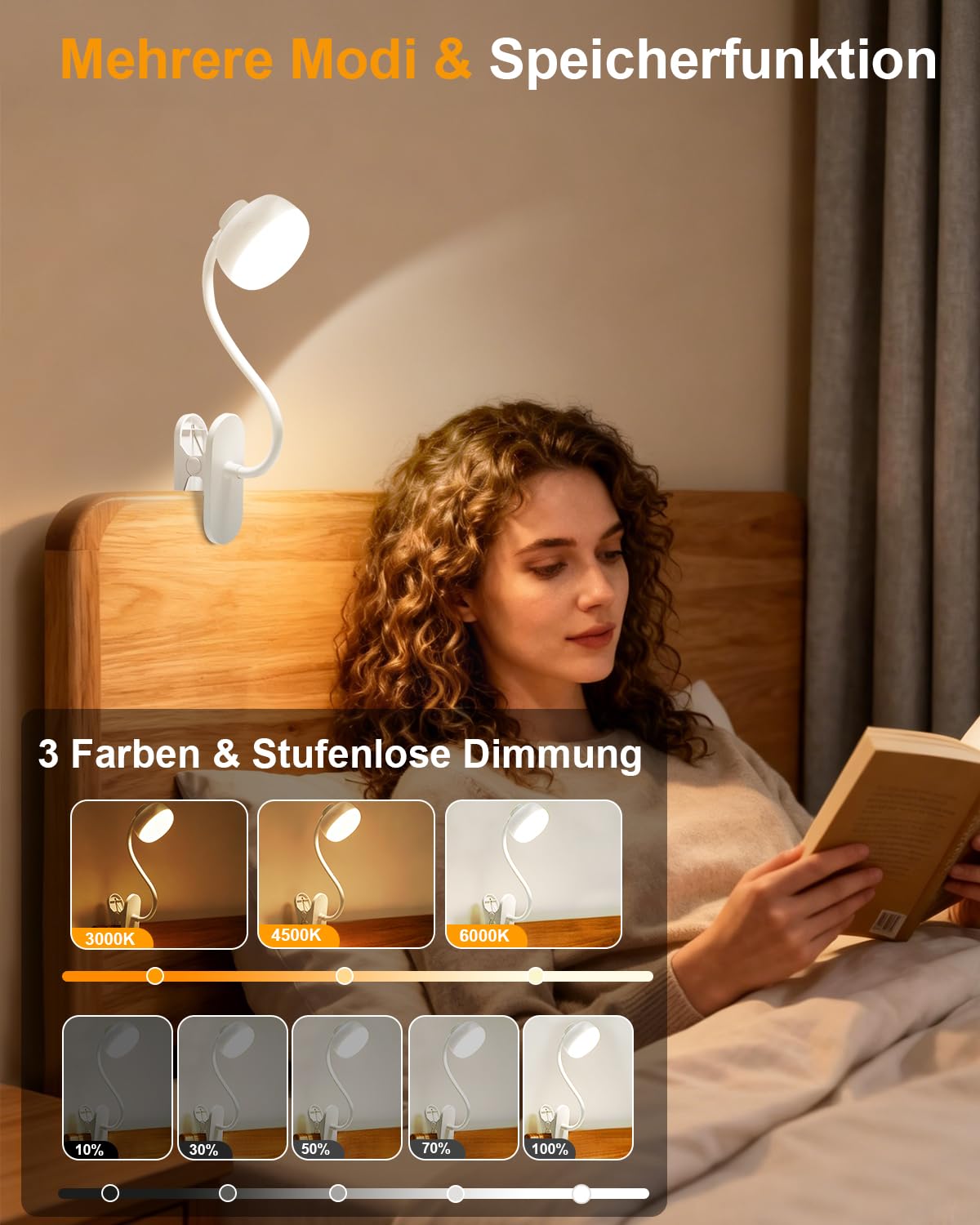 Leselampe Bett, 5000mAh Klemmlampe mit USB-C, 3 Farben Stufenlos Dimmbar, 36 LED Akku Lampe, 30cm Flexibler Schwanenhals, Schreibtischlampe für Kinderzimmer Schreibtisch Wohnmobil (Weiß)