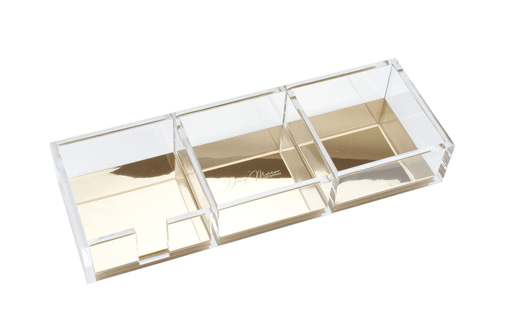 Schreibtisch Organizer Acryl Transparent mit Gold – 3 Fächer Ablage für Notizen, Büro & Kosmetik – moderner Desk Organizer