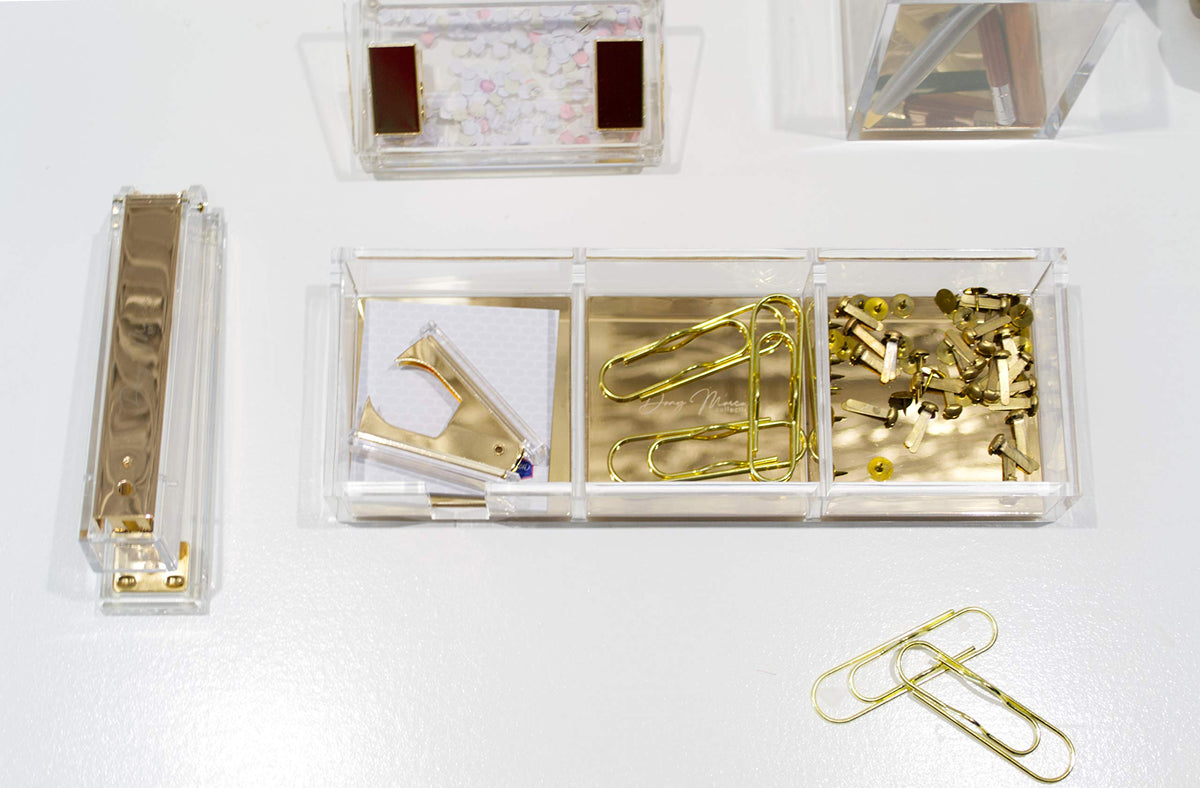Schreibtisch Organizer Acryl Transparent mit Gold – 3 Fächer Ablage für Notizen, Büro & Kosmetik – moderner Desk Organizer