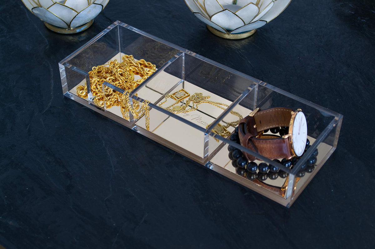 Schreibtisch Organizer Acryl Transparent mit Gold – 3 Fächer Ablage für Notizen, Büro & Kosmetik – moderner Desk Organizer