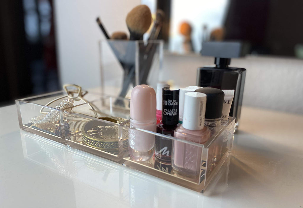 Schreibtisch Organizer Acryl Transparent mit Gold – 3 Fächer Ablage für Notizen, Büro & Kosmetik – moderner Desk Organizer