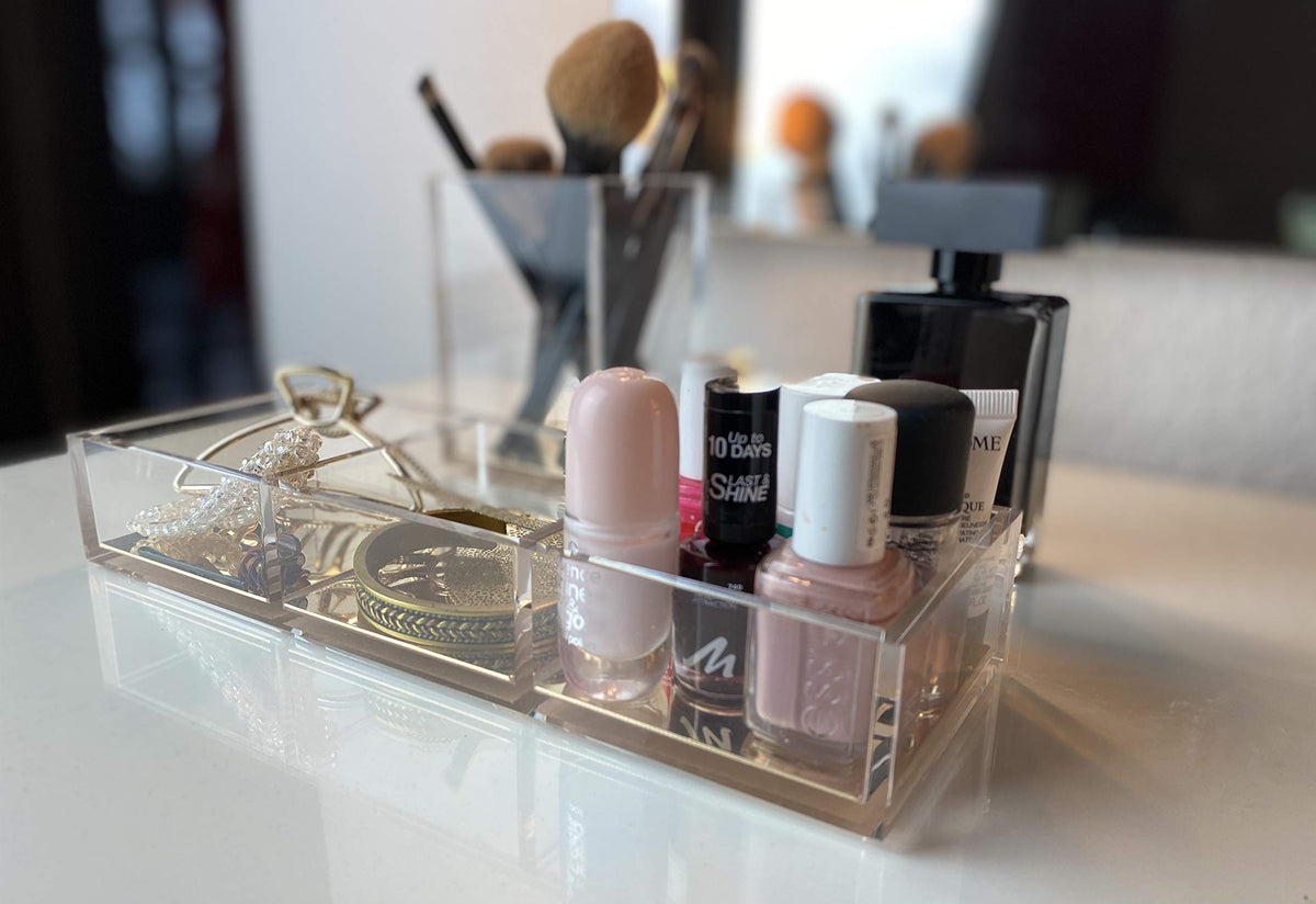 Schreibtisch Organizer Acryl Transparent mit Gold – 3 Fächer Ablage für Notizen, Büro & Kosmetik – moderner Desk Organizer