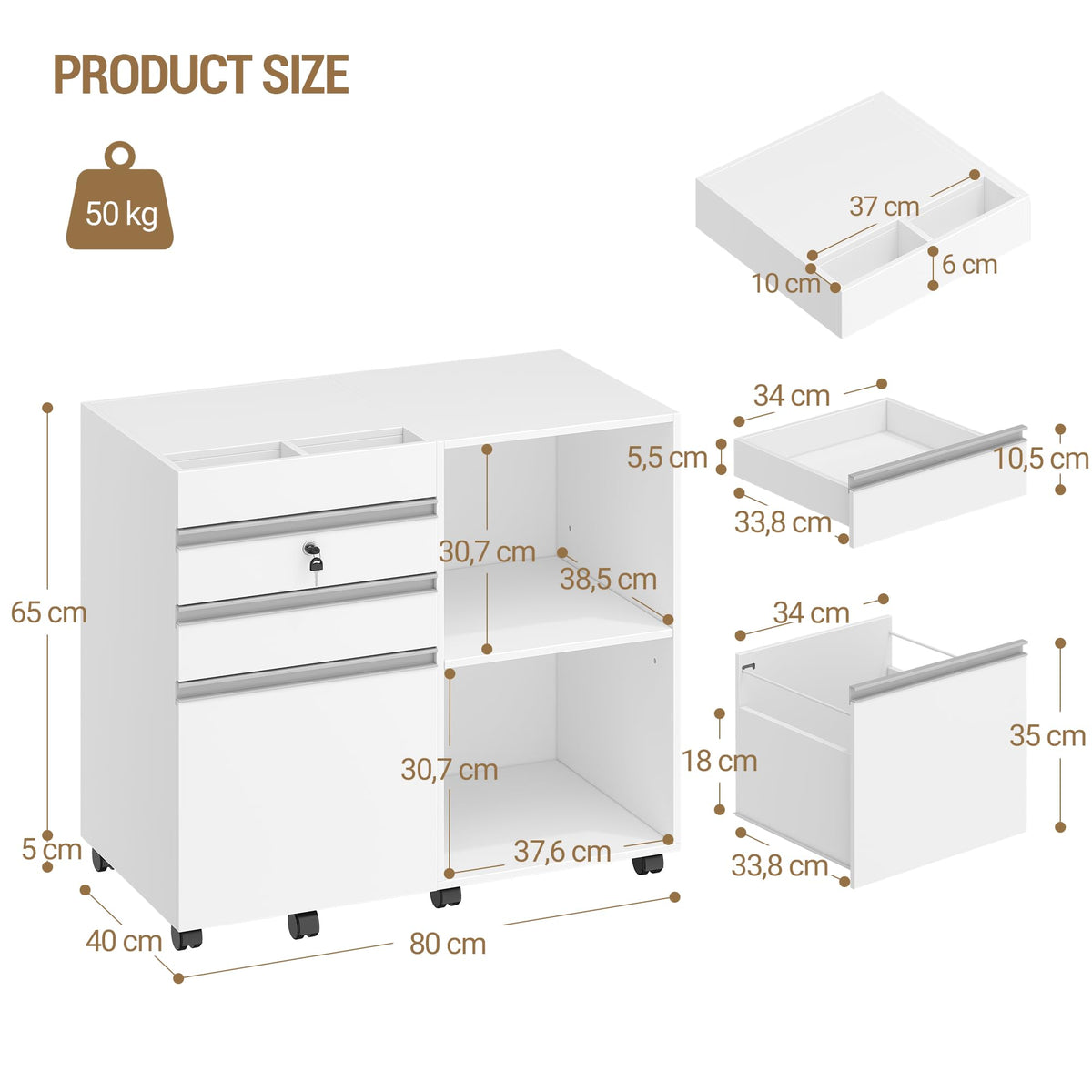 Hzuaneri Rollcontainer 40 x 80 x 70 cm 3 Schubladen 2 Fächer Hängereg. weiß