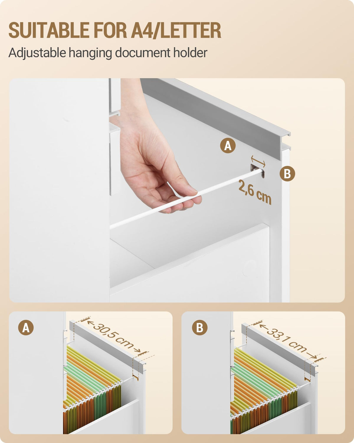 Hzuaneri Rollcontainer 40 x 80 x 70 cm 3 Schubladen 2 Fächer Hängereg. weiß