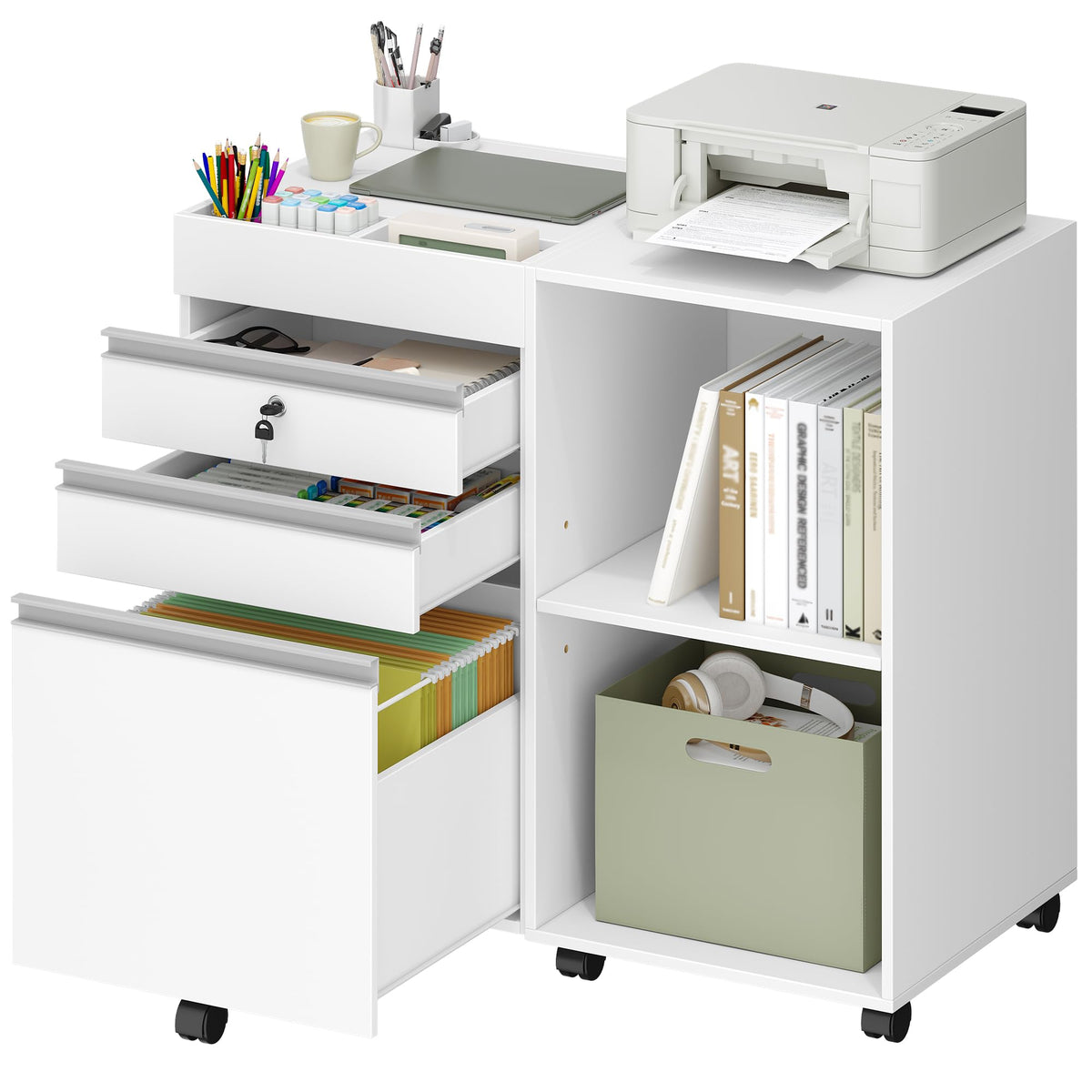 Hzuaneri Rollcontainer 40 x 80 x 70 cm 3 Schubladen 2 Fächer Hängereg. weiß