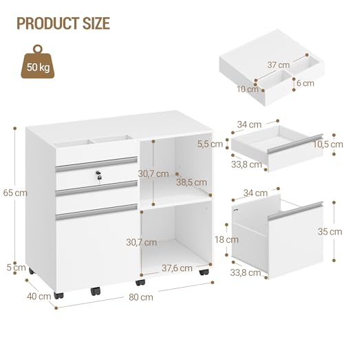 Hzuaneri Rollcontainer 40 x 80 x 70 cm 3 Schubladen 2 Fächer Hängereg. weiß
