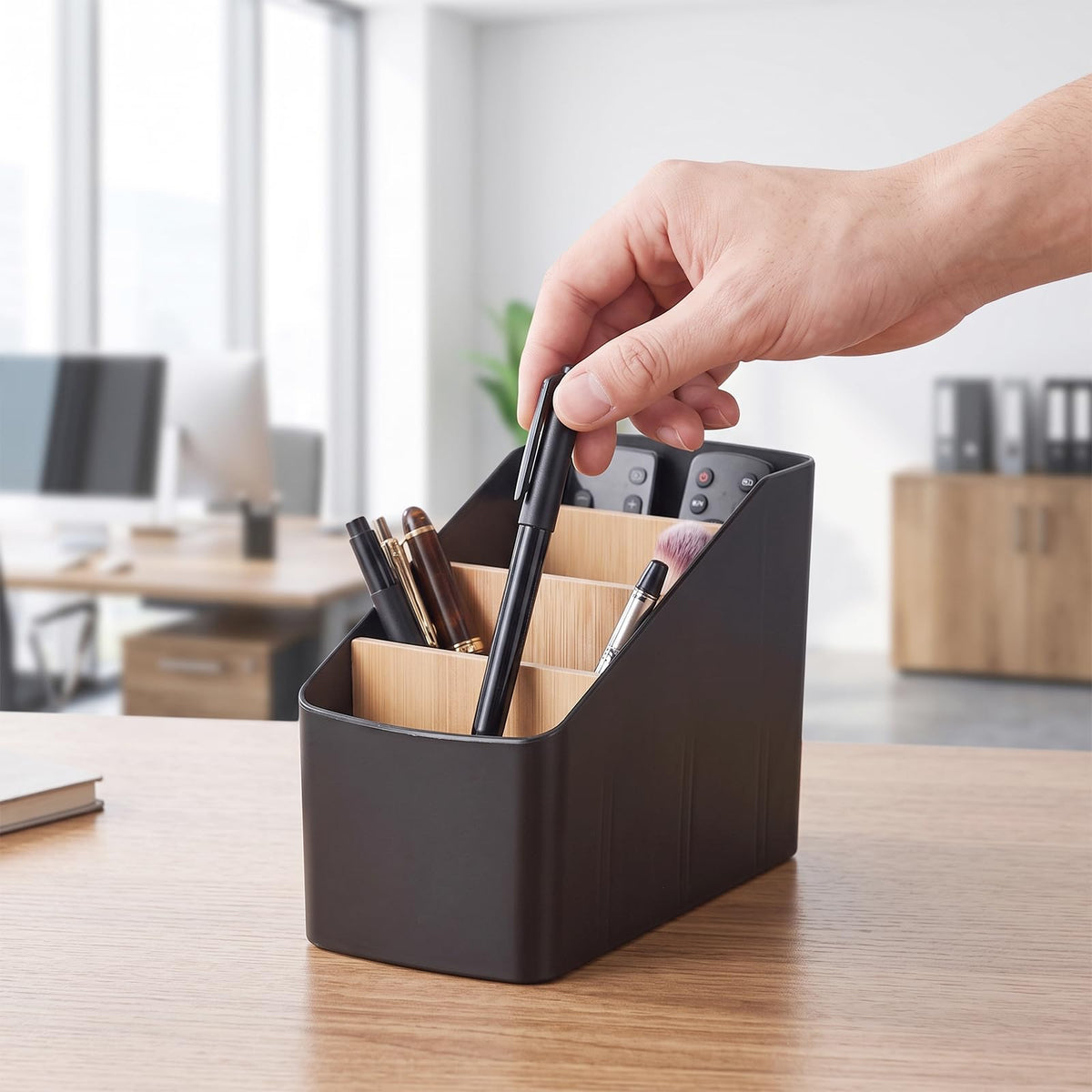 Schreibtisch Organizer 4 Fächer Kunststoff Bambus Schwarz