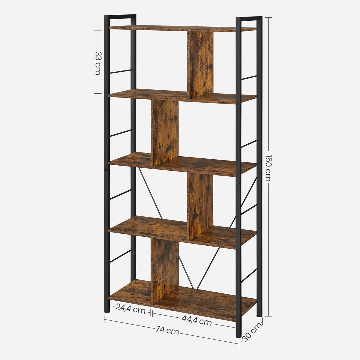 VASAGLE Bücherregal, Regal mit 5 Ebenen, Standregal, Büroregal, offene Fächer, Industrie-Design, für Wohnzimmer, Schlafzimmer, Büro, Arbeitszimmer, Homeoffice, vintagebraun-schwarz LBC121B01