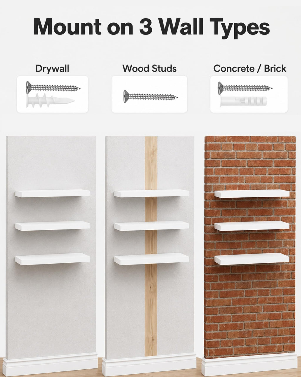 VOGGV Wandregal, Regale Weiß Wand, 3er-Set Schweberegal Weiss Moderne und Dekorative Regale für Schlafzimmer, Küche, Büro, Wohnzimmer usw