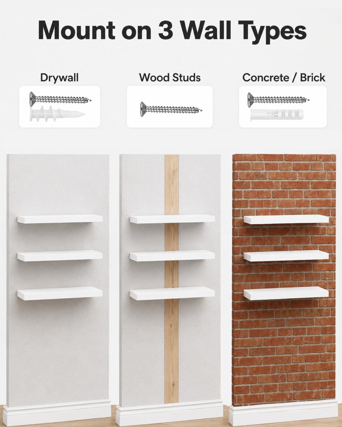 VOGGV Wandregal, Regale Weiß Wand, 3er-Set Schweberegal Weiss Moderne und Dekorative Regale für Schlafzimmer, Küche, Büro, Wohnzimmer usw
