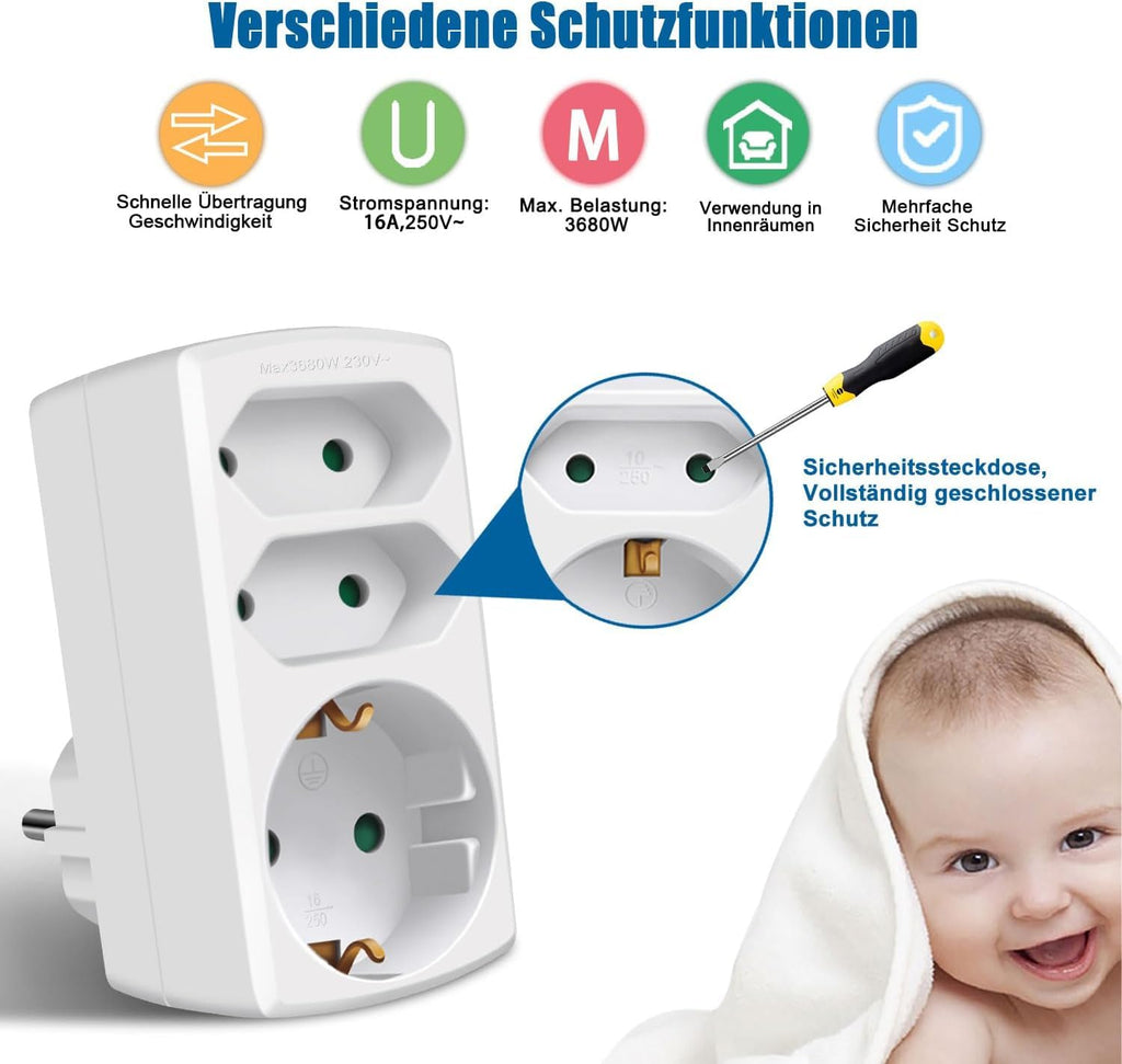 EXTRASTAR 3-Fach Steckdosenadapter, 2 Euro+1 Schuko mit Kindersicherung