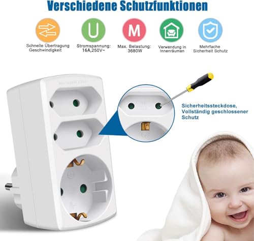 EXTRASTAR 3-Fach Steckdosenadapter, 2 Euro+1 Schuko mit Kindersicherung