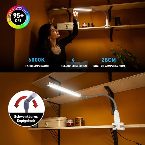 Daylight UnoPro™ Klemmlampe – LED-Klemmleuchte, 95+ CRI, 6000K, 1150 Lux, 4 Helligkeitsstufen, Blendschutzschirm, Flexibler Arm, Robuste Klemme für Lesen, Basteln & Homeoffice, Weiß