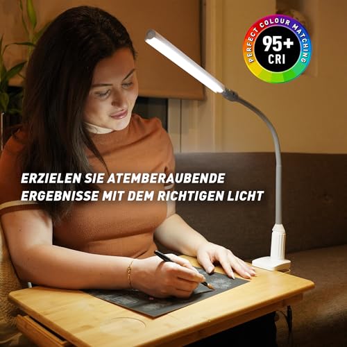 Daylight UnoPro™ Klemmlampe – LED-Klemmleuchte, 95+ CRI, 6000K, 1150 Lux, 4 Helligkeitsstufen, Blendschutzschirm, Flexibler Arm, Robuste Klemme für Lesen, Basteln & Homeoffice, Weiß