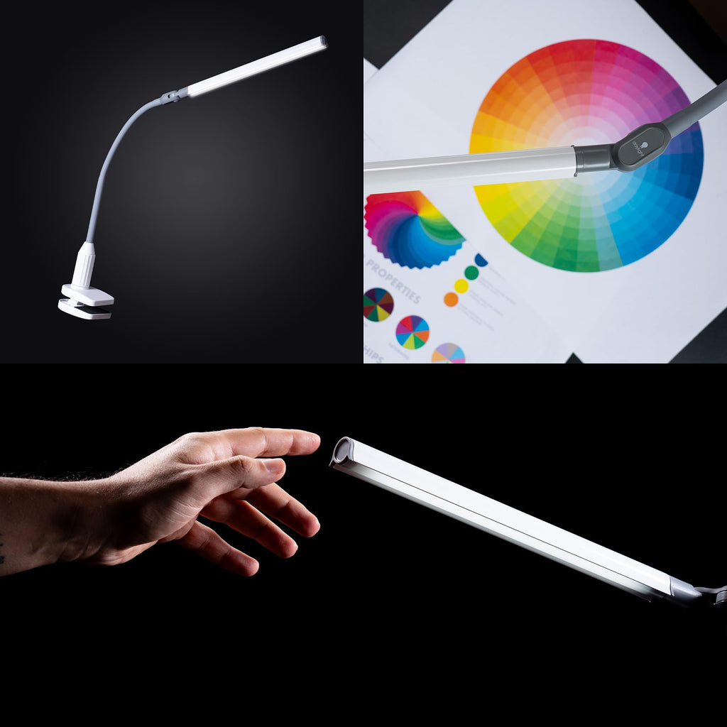 Daylight UnoPro™ Klemmlampe – LED-Klemmleuchte, 95+ CRI, 6000K, 1150 Lux, 4 Helligkeitsstufen, Blendschutzschirm, Flexibler Arm, Robuste Klemme für Lesen, Basteln & Homeoffice, Weiß