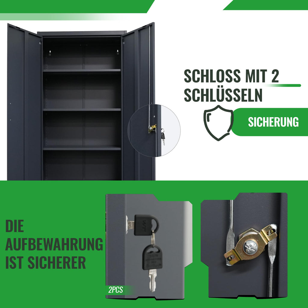 Ondis24 Aktenschrank, Mehrzweckschrank, Schloss, verstellbare Ablagen, Stabil, belastbar, Doppeltüren mit Türmagnet und Griffen Robust, werkzeugschrank, Büro, Werkstatt, Garage (Anthrazit, 170)
