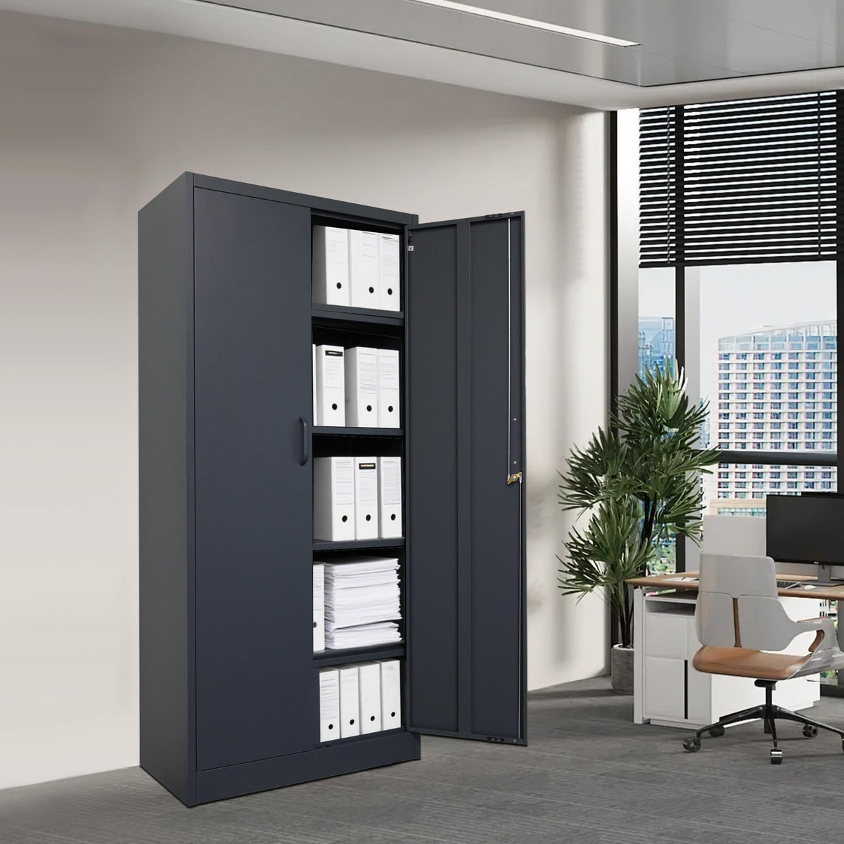 Ondis24 Aktenschrank, Mehrzweckschrank, Schloss, verstellbare Ablagen, Stabil, belastbar, Doppeltüren mit Türmagnet und Griffen Robust, werkzeugschrank, Büro, Werkstatt, Garage (Anthrazit, 170)